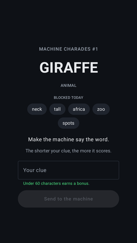 Today's puzzle: the word GIRAFFE with five blocked words below it